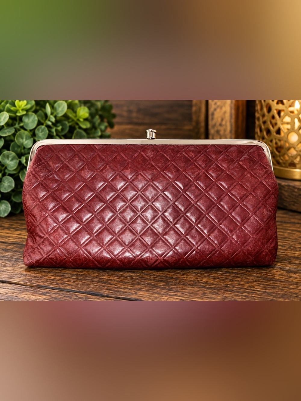 HOBO Lauren Burgundy Woven Embossed Leather Double Frame Clutch Wallet